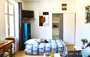 Schlafzimmer mit einem Bett, einem Schreibtisch und einem TV in der Unterkunft Studio, Bord de Lac, 4 Pers. in Paladru