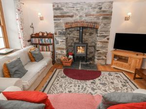 a living room with a fireplace and a couch at Peniarth Ganol in Tywyn