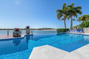 馬盧奇多的住宿－德普爾斯濱江酒店，一个带椅子的游泳池,棕榈树