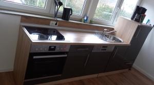 a kitchen with a sink and a stove top oven at zum Kranichblick in Glinstedt