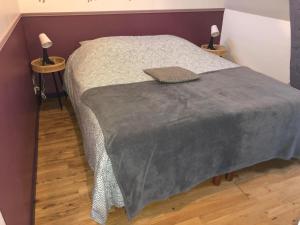 a bedroom with a bed with a gray blanket on it at Le tilleul de St Julien in Saint-Julien-de-Chédon