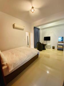 1 dormitorio con 1 cama y sala de estar con TV. en 薇琪小屋, en Hualien City