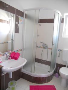 a bathroom with a shower and a sink and a toilet at Villa Rosana in Rab