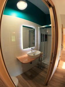 a bathroom with a sink and a mirror at chez anna in Montbrand