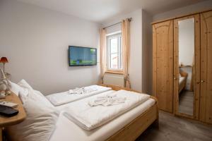 a bedroom with a bed and a television on the wall at Apartmenthaus HAUS Gipfelglück Apartment KUAFSTOA in Haus im Ennstal