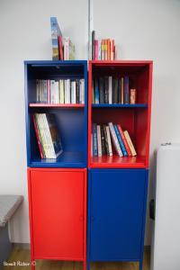 a red blue and red book shelf with books at Backpacker Le Petit Baroudeur in Champéry
