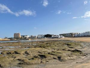 a sandy beach with grass and buildings in the background at San Lorenzo Apartamentos y Suites in Cádiz