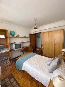 Schlafzimmer mit einem Bett, einem Schreibtisch und einem TV in der Unterkunft Casa y anexo comedor en Mos a 10 min. Vigo in Mos