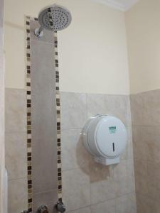 La salle de bains est pourvue d'une douche avec un pommeau de douche. dans l'établissement Habitaciones básicas con baño privado - Serena Alojamientos, à Villa Constitución