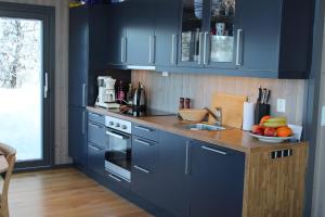 a kitchen with blue cabinets and a bowl of fruit on the counter at Skarvhytta - moderne hytte med flott beliggenhet in Hol
