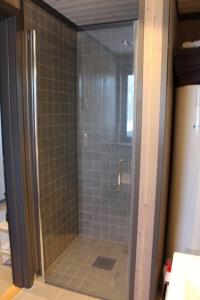 a shower with a glass door in a bathroom at Skarvhytta - moderne hytte med flott beliggenhet in Hol +21 photos