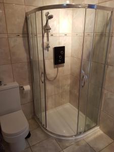 a shower stall in a bathroom with a toilet at Spacious 2 double bedrooms house for a relaxing stay. in South Kessock