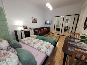リヴィウにあるCentral apartment on Rynok Squareのベッドとテーブルのあるリビングルーム +4枚の写真