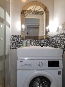 リヴィウにあるCentral apartment on Rynok Squareのバスルーム(鏡付)の洗濯機と乾燥機