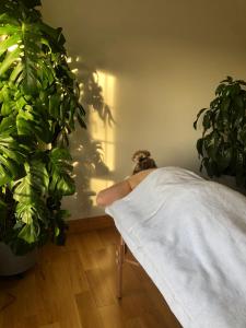 uma pessoa deitada numa cama ao lado das plantas em The Knock Guest house em Dunhill