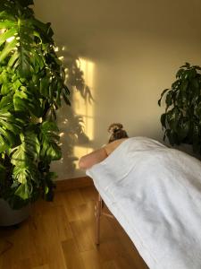 a person laying on a bed next to plants at The Knock Guest house in Dunhill