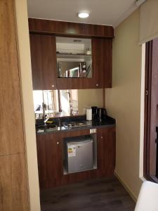 a small kitchen with wooden cabinets and a sink at Studio Victoria 400 in Concepción +8 photos