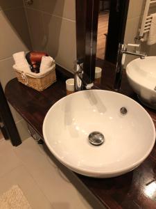 a bathroom with a white sink and a mirror at Casa Oliver in Braşov