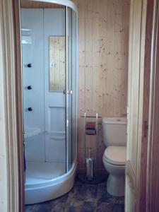 La salle de bains est pourvue de toilettes et d'une douche en verre. dans l'établissement Casa para vacaciones junto al Parque de la Naturaleza de Cabarceno, à Obregón