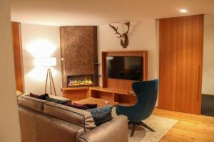a living room with a couch and a fireplace at Chalet Tolder in San Candido