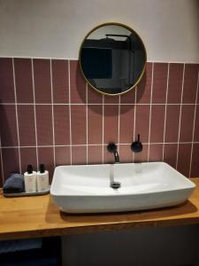 een wastafel met een spiegel op een aanrecht bij Inn the Green in Zeist