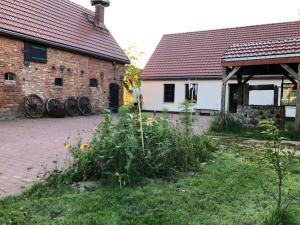 un jardin en face d'un bâtiment en briques orné de fleurs dans l'établissement Bauernhof am Storchennest mit Sauna und E-Tankstelle, à Chrzaszczewo