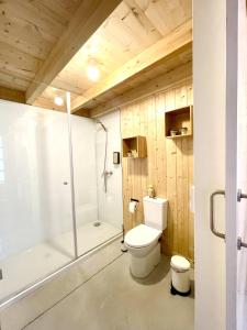 a bathroom with a toilet and a shower at Aloia Nature, Alojamiento Forestal in Tui +59 photos