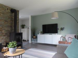 ein Wohnzimmer mit einem Kamin und einem TV in der Unterkunft Vakantiehuis GWEN - vlakbij meer- van S&G Holiday in Nykroppa
