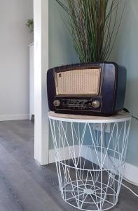 a radio sitting on top of a table with a plant at Vakantiehuis GWEN - vlakbij meer- van S&G Holiday in Nykroppa