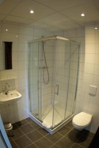 a bathroom with a shower, toilet, and sink at Hotel Posthuys Vlieland in Oost-Vlieland