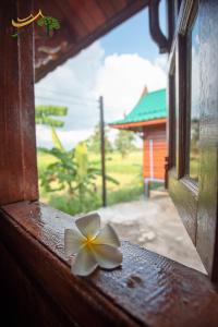 เรือนร่มไม้รีสอร์ท RuenRomMai Resort في Ban Klang Mun: وجود وردة بيضاء على حافة النافذة
