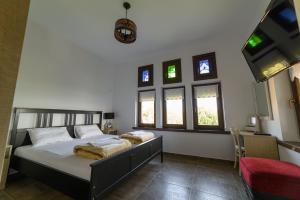 a bedroom with a bed and some windows at Mansion Chalatsopoulos in Volos