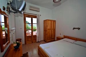 a bedroom with a bed and a television and a window at Athina Apartments in Neo Klima