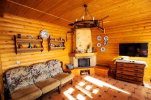 a living room with a couch and a tv and a fireplace at Country house Domik v derevne in Markovtsy