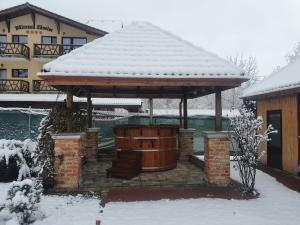 a wooden gazebo with snow on top of it at Pensiunea Casa Luanna in Drăguş