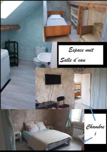 a collage of photos of a bedroom with a bed and a room with at Gîte Les Galipes in Mareuil-sur-Ay