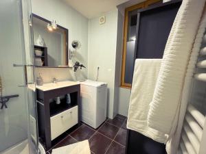 a bathroom with a sink and a mirror at "Le Noeud vert" Appartement sur le thème de Nevers, 65 m2 en coeur de ville, parking à 200M avec accès inclus à salle de sport de 2000m2, Sauna & Hammam, by PRIMO C0NCIERGERIE in Nevers +39 photos