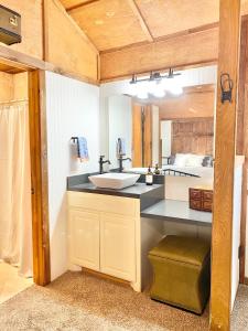 a bathroom with a sink and a mirror at Blufftop Cabin Retreat Hot Tub and Fall Views! in Canadian