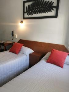 two beds in a hotel room with red pillows at Suite Confortable en Palermo Omega in Buenos Aires
