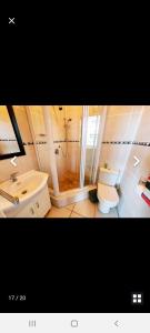 a bathroom with a shower and a toilet and a sink at Rockview Holiday Beach Apartment in Hibberdene