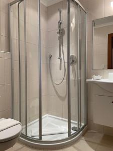 a shower with a glass door in a bathroom at W1 Haus Ganghofer in Leutasch