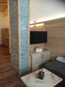 Ferienwohnung Alpenluft في هوشفيلزن: غرفة معيشة مع تلفزيون بشاشة مسطحة على جدار