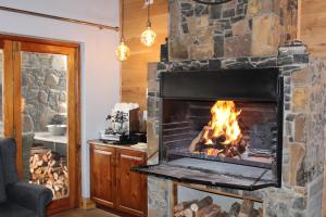 a stone fireplace with a fire in it at Wetlands Game Lodge in Wakkerstroom