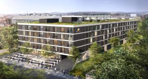 un diseño arquitectónico de un edificio con techo verde en Rioca Stuttgart Posto 4, en Stuttgart