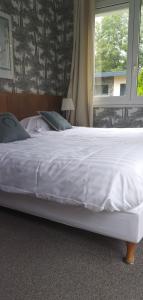 a large white bed in a bedroom with a window at Hotel Le Rivage in Olivet