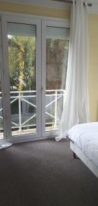 a bedroom with a bed and sliding glass doors at Hotel Le Rivage in Olivet