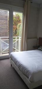ein Schlafzimmer mit einem Bett und einem großen Fenster in der Unterkunft Hotel Le Rivage in Olivet