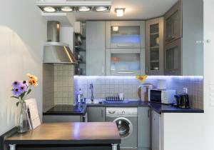 a kitchen with a sink and a washing machine at Mentha Apartments Deluxe - MAD in Budapest