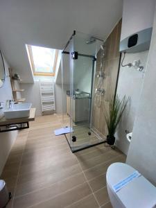 a bathroom with a shower and a toilet and a sink at Nivalis Residence Jahorina in Jahorina