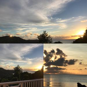 tres diferentes vistas de la puesta de sol y el océano en Residence Monte-Cristo, en Anse Boileau